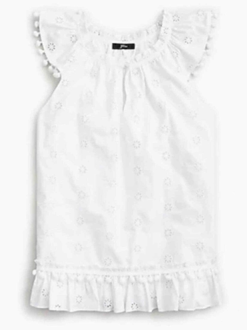 J.Crew white eyelet sleeveless peasant top ruffle and pom pom Size Small